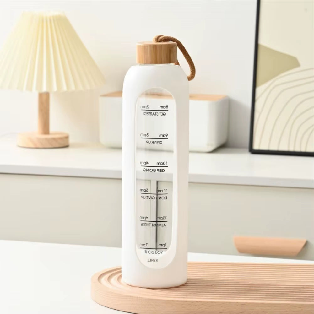 Stay Hydrated in Style: 32Oz Motivational Time-Marked Glass Water Bottle with Bamboo Lid and Eco-Friendly Silicone Sleeve