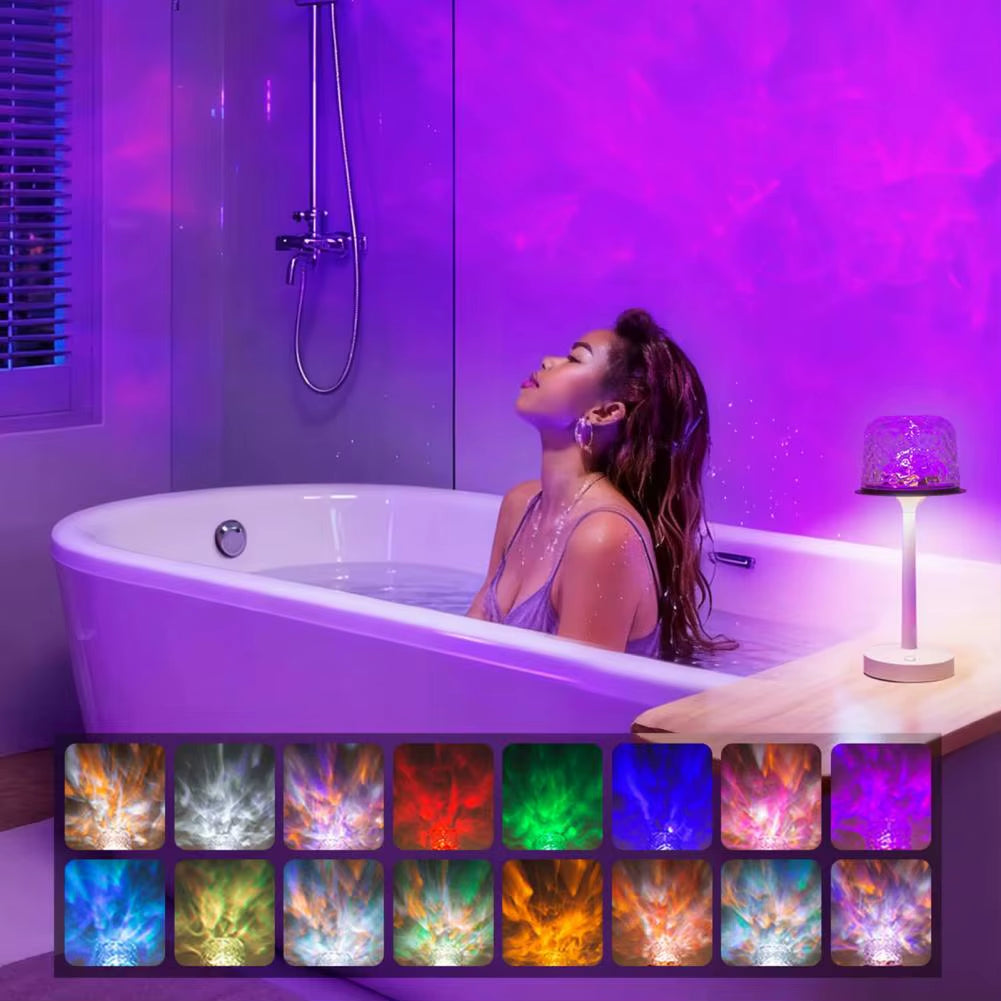 Transform Your Bathroom with the Relaxing Blue Water Wave Projection Night Light - Touch Control Spa Experience