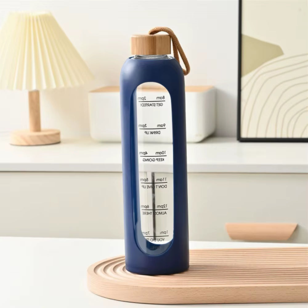 Stay Hydrated in Style: 32Oz Motivational Time-Marked Glass Water Bottle with Bamboo Lid and Eco-Friendly Silicone Sleeve