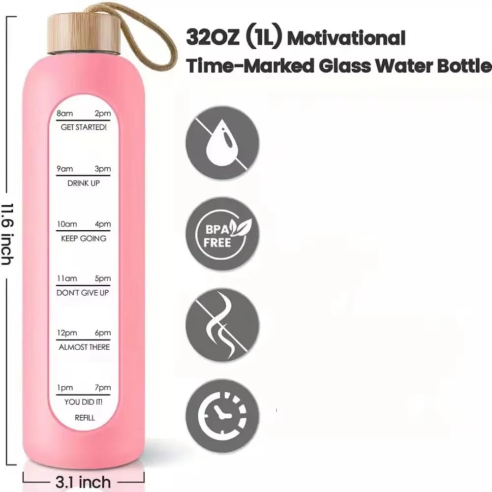 Stay Hydrated in Style: 32Oz Motivational Time-Marked Glass Water Bottle with Bamboo Lid and Eco-Friendly Silicone Sleeve