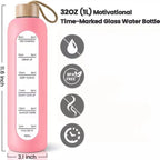Stay Hydrated in Style: 32Oz Motivational Time-Marked Glass Water Bottle with Bamboo Lid and Eco-Friendly Silicone Sleeve